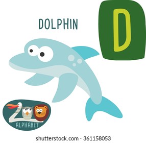 Cute zoo alphabet in vector. D letter for Dolphin. Funny cartoon animals. Alphabet design in a colorful style. 