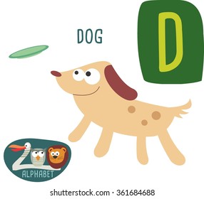 Cute Zoo alphabet in vector. D letter for Dog. funny cartoon animals. alphabet design in a colorful style