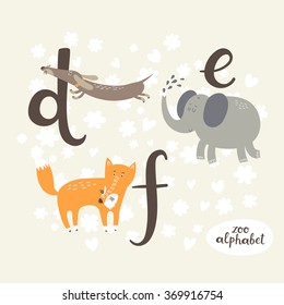 Cute zoo alphabet in vector. D, e, f letters. Funny animals. Dachshund, Fox and elephant.