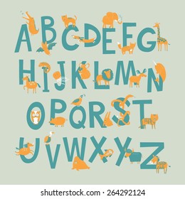 Cute zoo alphabet in vector with different animals. Vector illustration.