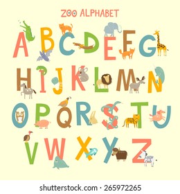 Cute zoo alphabet in vector with different animals. Vector illustration.