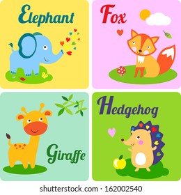 Cute zoo alphabet in vector. E, f, g h letters. Funny animals for ABC book. Elephant, fox, giraffe and hedgehog