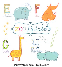 Cute zoo alphabet in vector. E, f, g, h letters. Funny animals. Elephant, fox, giraffe and hippopotamus