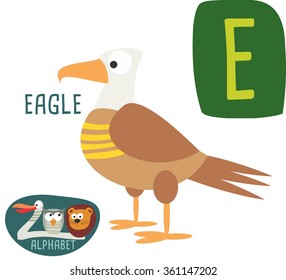 Cute zoo alphabet in vector. E letter for Eagle. Funny cartoon animals. Alphabet design in a colorful style. 