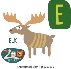 Cute Zoo alphabet in vector. E letter for Elk. funny cartoon animals. alphabet design in a colorful style