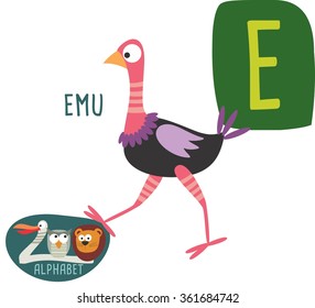 Cute Zoo alphabet in vector. E letter for Emu. funny cartoon animals. alphabet design in a colorful style