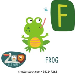 Cute zoo alphabet in vector. F letter for Frog. Funny cartoon animals. Alphabet design in a colorful style. 