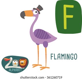 Cute Zoo alphabet in vector. F letter for Flamingo. funny cartoon animals. alphabet design in a colorful style