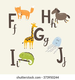 Cute zoo alphabet in vector. F, g, h, i, j letters. Funny animals. Giraffe, horse, iguana, fox and Jellyfish.