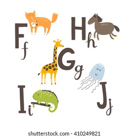 Cute zoo alphabet in vector. F, g, h, i, j letters. Funny animals. Giraffe, horse, iguana, fox and Jellyfish.