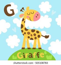 Cute Zoo Alphabet In Vector. Funny Cartoon Animals. Cute Giraffe On The Lawn. Giraffe And Letter G.