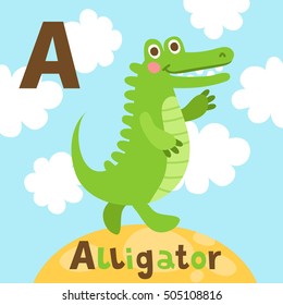 Cute zoo alphabet in vector. Funny cartoon animals. Cute alligator on the lawn. Alligator and the letter A.