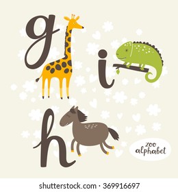 Cute zoo alphabet in vector. G, h, i letters. Funny animals. Giraffe, horse, and iguana.