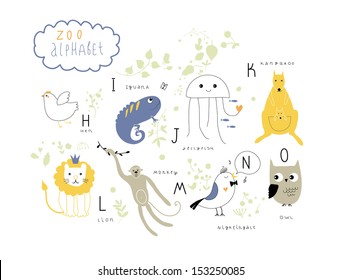  Cute zoo alphabet in vector .  H, I, J, K, L M, N, O letters.
