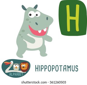 Cute Zoo alphabet in vector. H letter for Hippopotamus. funny cartoon animals. alphabet design in a colorful style