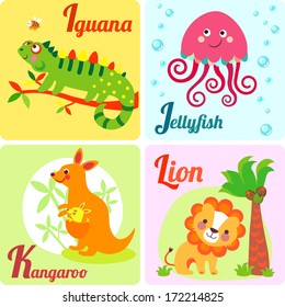 Cute zoo alphabet in vector. I, j, k, l letters. Funny animals for ABC book. Jellyfish, iguana, kangaroo, lion