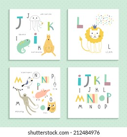 Cute zoo alphabet in vector.  I, J, K, L M, N, O, P letters.Four funny cards with animals.