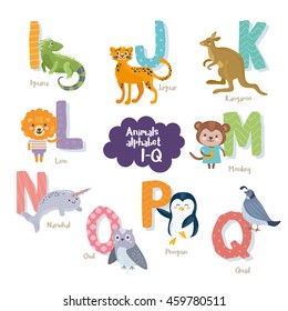 Cute zoo alphabet in vector. I, j, k, l, m, n, o, p, q letters. Funny cartoon animals. Iguana, jaguar, kangaroo, lion, monkey, narwhal, owl, penguin, quail.