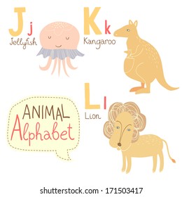 Cute zoo alphabet in vector. J, k, l letters. Funny animals. Jellyfish, kangaroo, lion. Vector illustration for children's education.