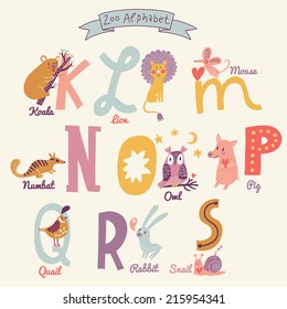 Cute zoo alphabet in vector. K, l, m, n, o, p, q, r, s letters. Funny cartoon animals. Koala, lion, mouse, numbat, owl, pig, quail, rabbit, snail in bright colors