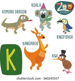 Cute zoo alphabet in vector. K letter. Funny cartoon animals: Kangaroo, Kiwi, Koala, Komodo Dragon, Kingfisher. Alphabet design in a colorful style. 