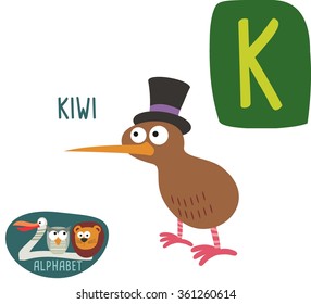 Cute Zoo alphabet in vector. K letter for Kiwi funny cartoon animals. alphabet design in a colorful style