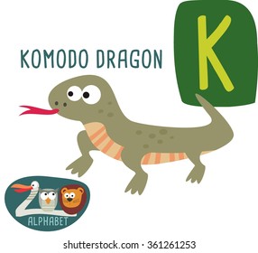 Cute Zoo alphabet in vector. K letter for Komodo Dragon funny cartoon animals. alphabet design in a colorful style