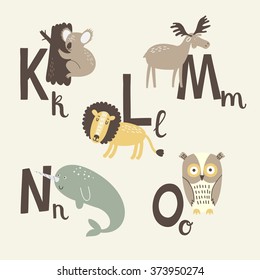 Cute zoo alphabet in vector. K, l, m, n, o letters. Funny animals. Koala, lion, Moose, narwhal and owl.
