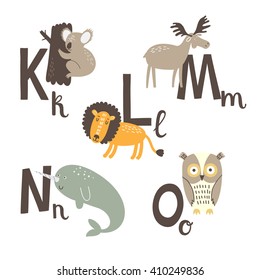 Cute zoo alphabet in vector. K, l, m, n, o letters. Funny animals. Koala, lion, Moose, narwhal and owl.