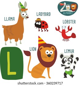 Cute zoo alphabet in vector. L letter. Funny cartoon animals: Llama,Ladybug, Lobster, Lion, Lemur. Alphabet design in a colorful style. 