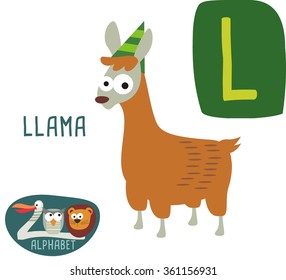 Cute zoo alphabet in vector. L letter for Llama. Funny cartoon animals. Alphabet design in a colorful style. 