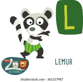 Cute zoo alphabet in vector. L letter for Lemur. Funny cartoon animals. Alphabet design in a colorful style. 