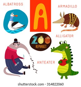 Cute zoo alphabet in vector.  A letter. Funny cartoon animals: Albatross,armadillo,alligator,anteater . Alphabet design in a colorful style.
