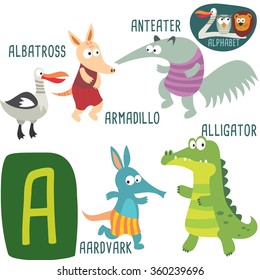 Cute zoo alphabet in vector. A letter. Funny cartoon animals: Albatross, Armadillo, Anteater, Alligator, Aardvark. Alphabet design in a colorful style. 