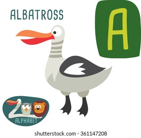 Cute zoo alphabet in vector. A letter for Albatross. Funny cartoon animals. Alphabet design in a colorful style. 