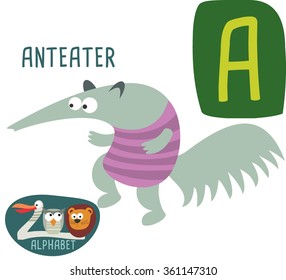 Cute zoo alphabet in vector. A letter for Anteater. Funny cartoon animals. Alphabet design in a colorful style. 