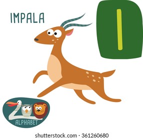 Cute Zoo alphabet in vector. I letter for Impala. funny cartoon animals. alphabet design in a colorful style