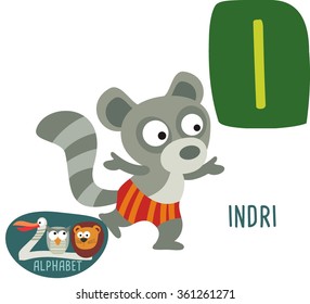 Cute Zoo alphabet in vector. I letter for Indri. funny cartoon animals. alphabet design in a colorful style