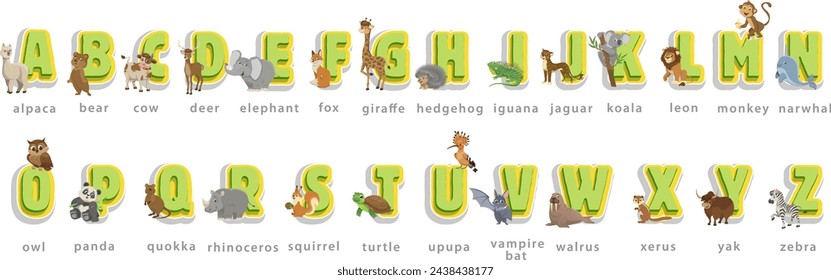 Cute zoo alphabet in vector. Letters A, b, c, d, e, f, g, h, i, j. Funny cartoon animals. Alpaca, bear, cow, elephant,fox,giraffe,panda, iguana,in bright colors. 3d letters with animals for learning