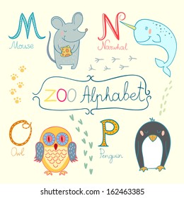 Cute zoo alphabet in vector. M, n, o, p letters. Funny animals. Mouse, narwhal, owl and penguin