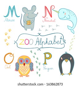 Cute zoo alphabet in vector. M, n, o, p letters. Funny animals. Mouse, narwhal, owl and penguin
