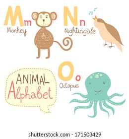 Cute zoo alphabet in vector. M, n, o letters. Funny animals. Monkey, nightingale, octopus. Vector illustration for children's education.