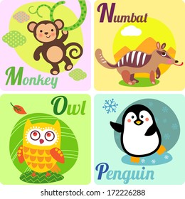 Cute zoo alphabet in vector. M, N, O, P letters. Funny animals for ABC book. Monkey, numbat, owl, penguin.