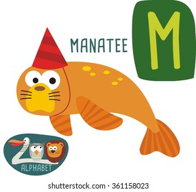 Cute zoo alphabet in vector. M letter for Manatee. Funny cartoon animals. Alphabet design in a colorful style. 