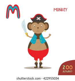 Cute zoo alphabet in vector. M letter. Funny cartoon monkey pirate with  sword; cocked hat; skeleton; vest; boots; buckle. Alphabet design in a colorful style. Kids abc. Kids education