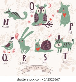 Cute zoo alphabet in vector. N, o, p, q, r, s, t letters. Funny animals in love. Numbat, owl, pig, quail, rabbit, snail, tiger