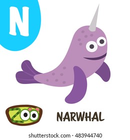 Cute zoo alphabet in vector. N for Narwhal