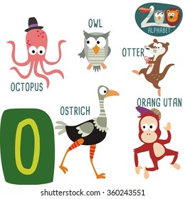 Cute zoo alphabet in vector. O letter. Funny cartoon animals: Octopus, Owl, Otter, Ostrich, Orang Utan. Alphabet design in a colorful style. 