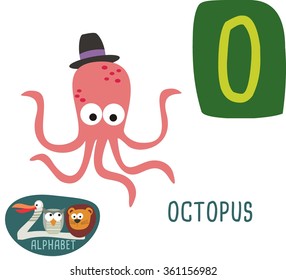 Cute zoo alphabet in vector. O letter for Octopus. Funny cartoon animals. Alphabet design in a colorful style. 