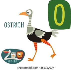 Cute zoo alphabet in vector. O letter for Ostrich. Funny cartoon animals. Alphabet design in a colorful style. 